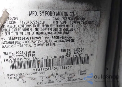 2005 Ford Five Hundred Limited from USA, damaged, VIN 1FAFP28145G116269